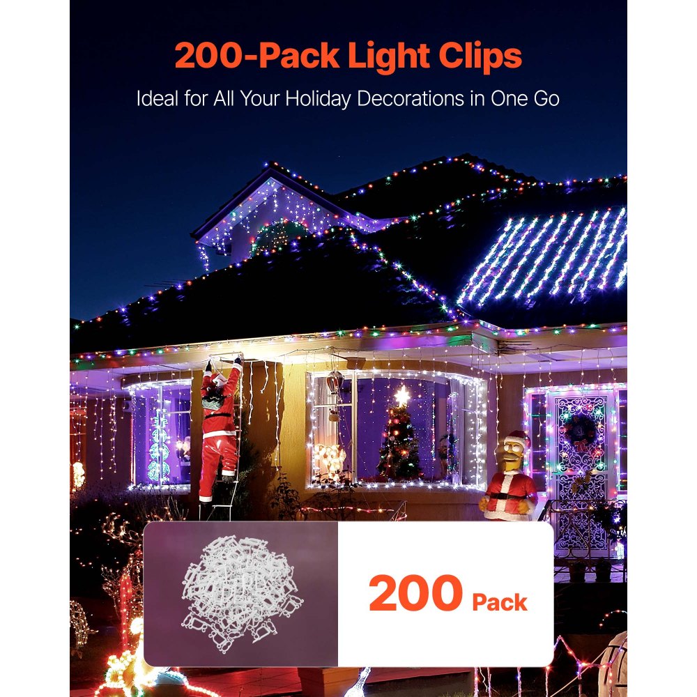 VEVOR Christmas Light Clips, 200 Pack, Weatherproof Holiday Outdoor Lighting Hanging Hooks, Mount to Shingles & Gutters, for C3, C4, Mini, Outside String Lights, Christmas Decoration, No Tool Required