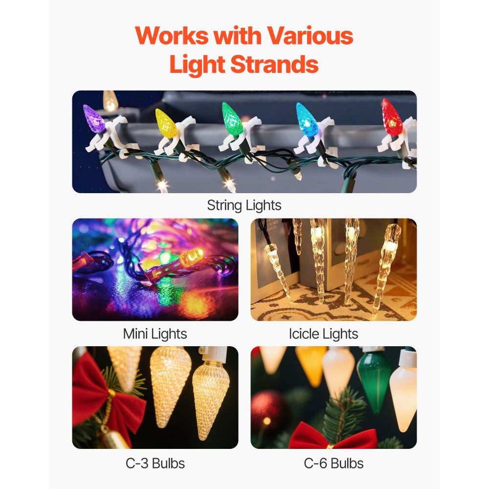 VEVOR Christmas Light Clips, 200 Pack, Weatherproof Holiday Outdoor Lighting Hanging Hooks, Mount to Shingles & Gutters, for C3, C4, Mini, Outside String Lights, Christmas Decoration, No Tool Required