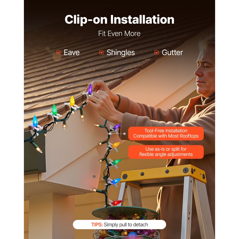 VEVOR Christmas Light Clips, 200 Pack, Weatherproof Holiday Outdoor Lighting Hanging Hooks, Mount to Shingles & Gutters, for C3, C4, Mini, Outside String Lights, Christmas Decoration, No Tool Required