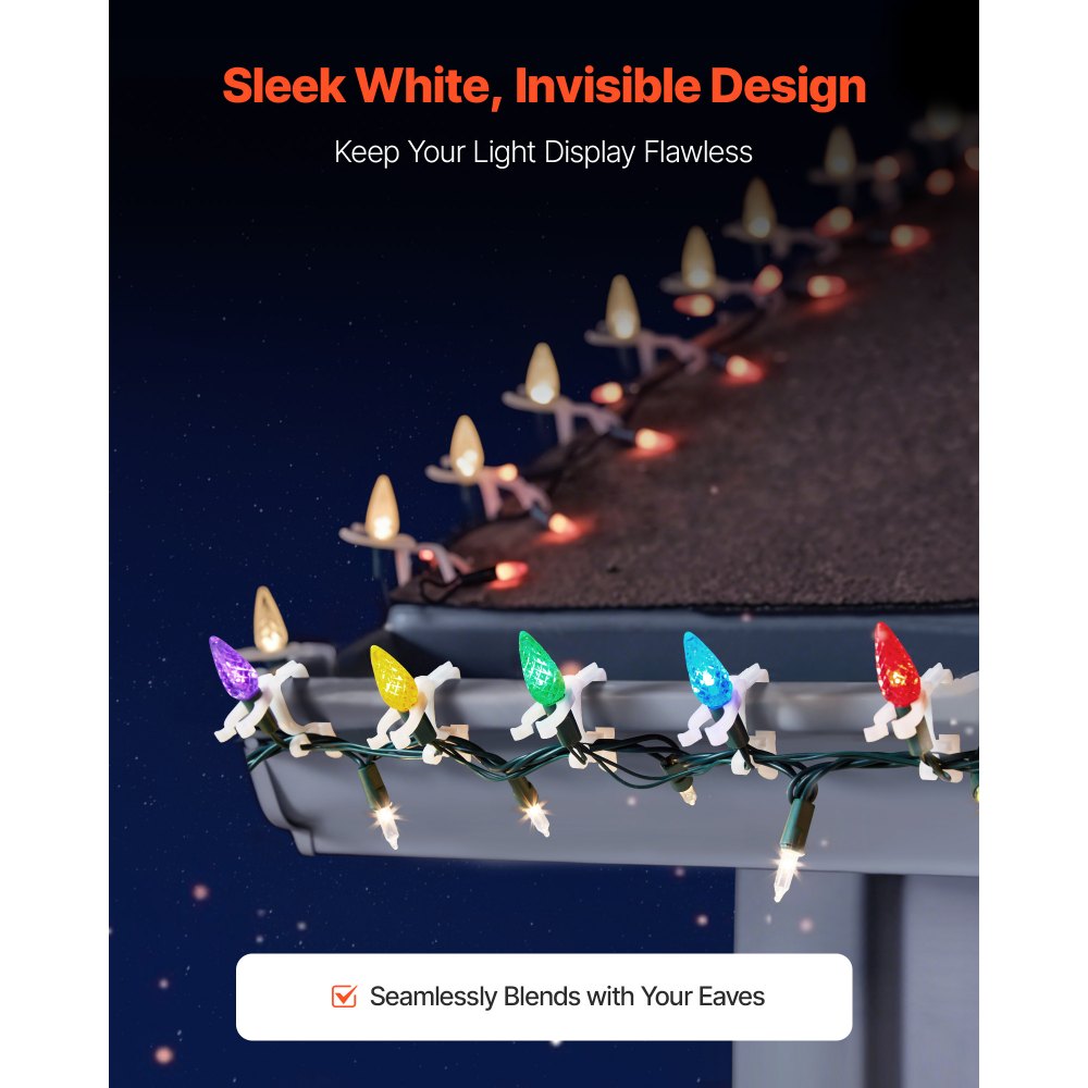 VEVOR Christmas Light Clips, 200 Pack, Weatherproof Holiday Outdoor Lighting Hanging Hooks, Mount to Shingles & Gutters, for C3, C4, Mini, Outside String Lights, Christmas Decoration, No Tool Required