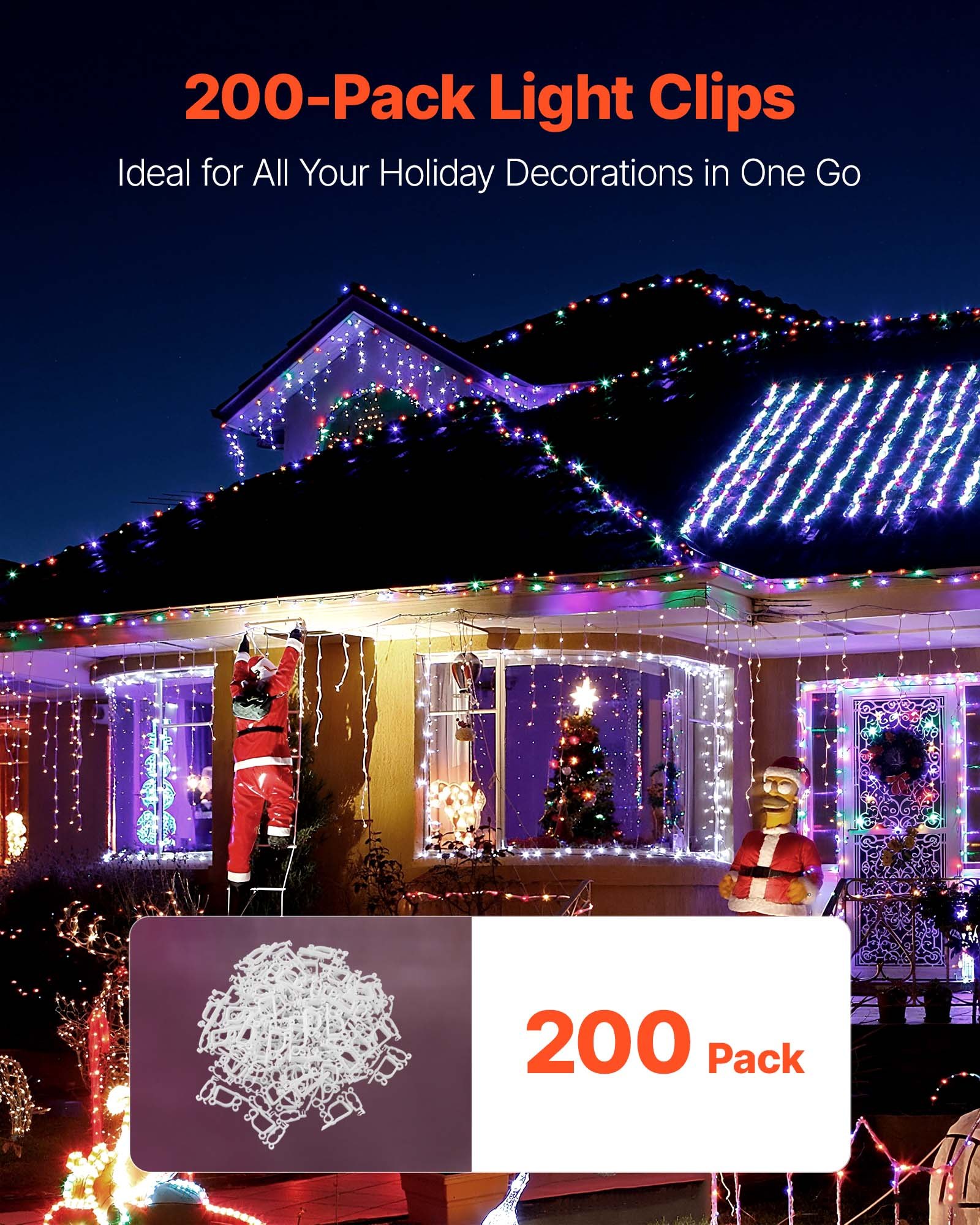 VEVOR Christmas Light Clips, 200 Pack, Weatherproof Holiday Outdoor Lighting Hanging Hooks, Mount to Shingles & Gutters, for C3, C4, Mini, Outside String Lights, Christmas Decoration, No Tool Required