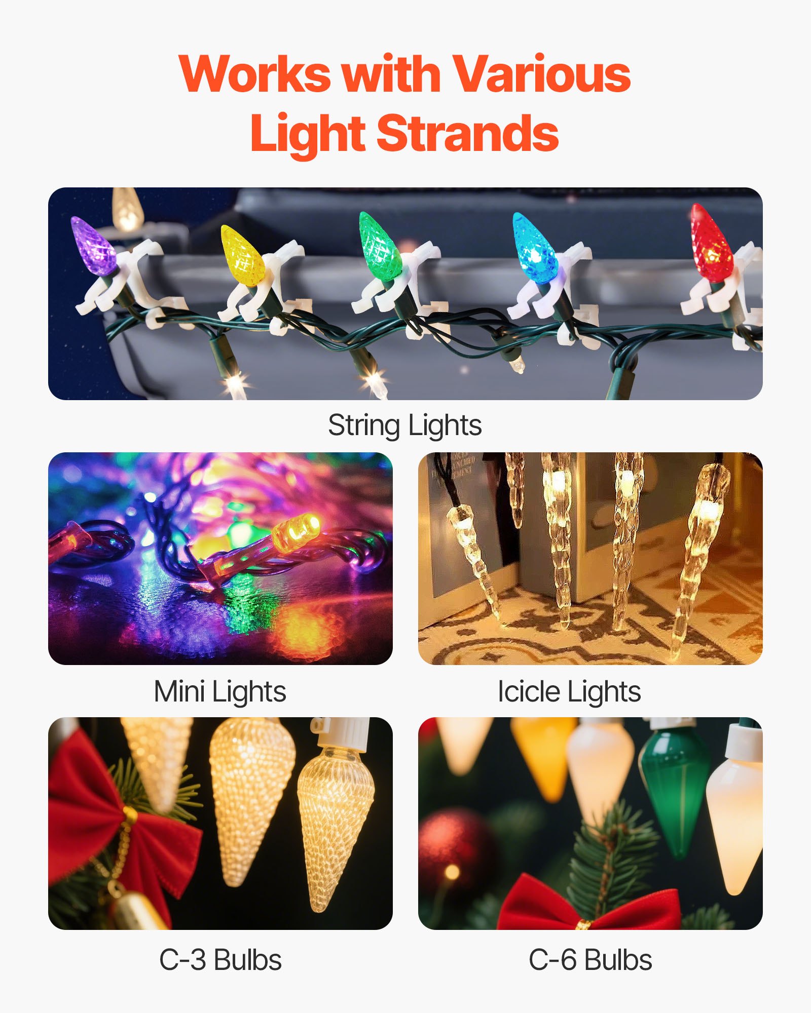 VEVOR Christmas Light Clips, 200 Pack, Weatherproof Holiday Outdoor Lighting Hanging Hooks, Mount to Shingles & Gutters, for C3, C4, Mini, Outside String Lights, Christmas Decoration, No Tool Required
