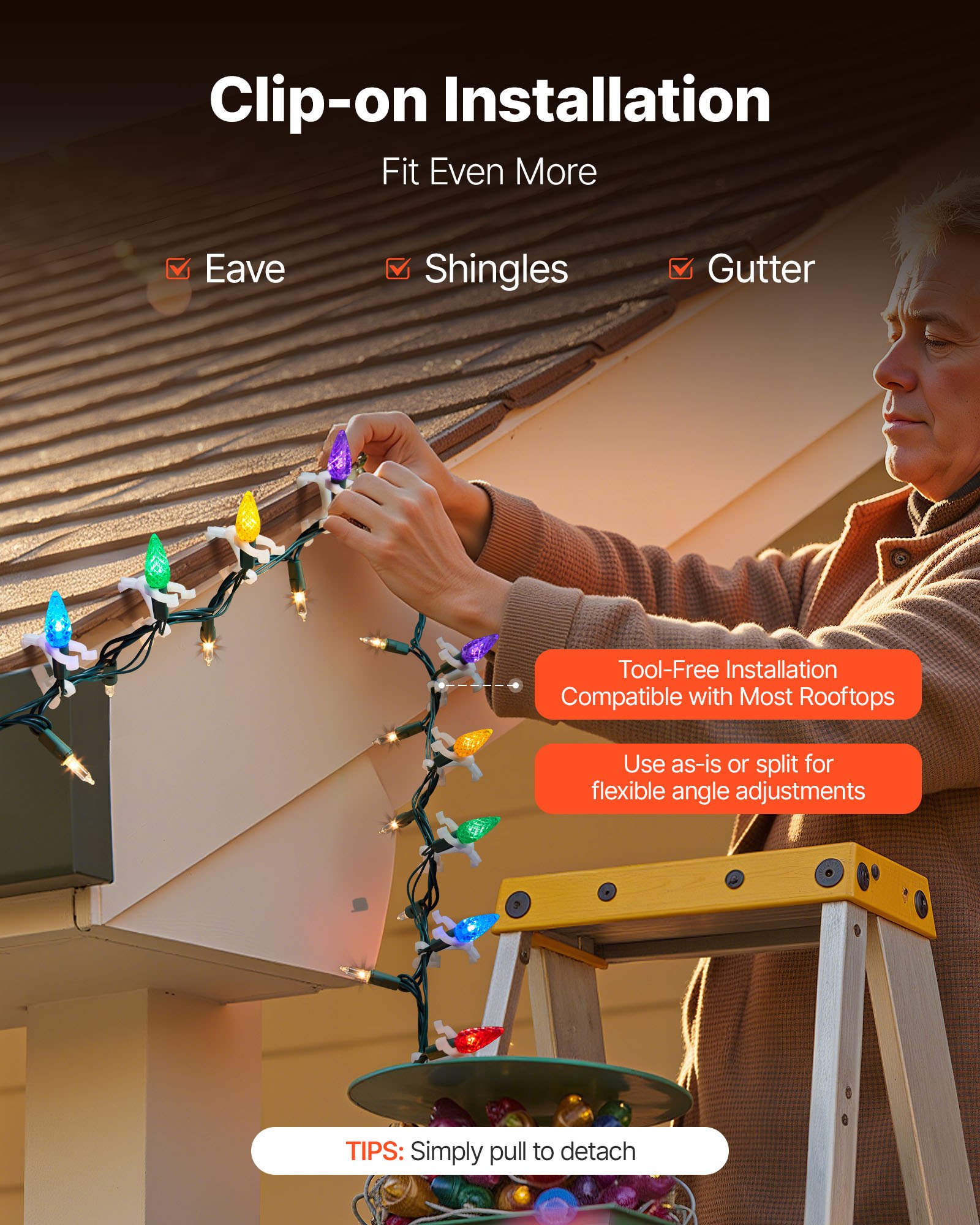 VEVOR Christmas Light Clips, 200 Pack, Weatherproof Holiday Outdoor Lighting Hanging Hooks, Mount to Shingles & Gutters, for C3, C4, Mini, Outside String Lights, Christmas Decoration, No Tool Required