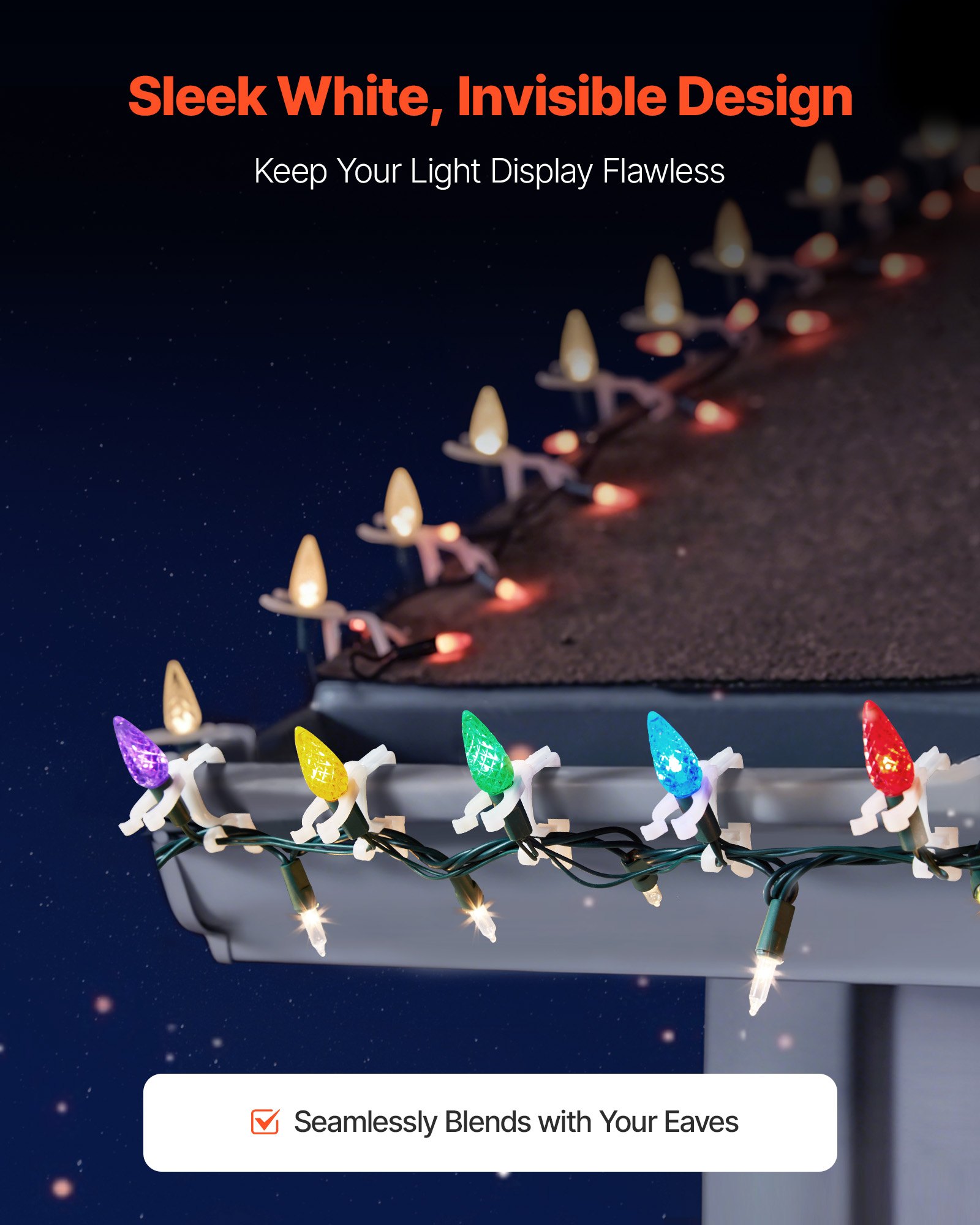 VEVOR Christmas Light Clips, 200 Pack, Weatherproof Holiday Outdoor Lighting Hanging Hooks, Mount to Shingles & Gutters, for C3, C4, Mini, Outside String Lights, Christmas Decoration, No Tool Required