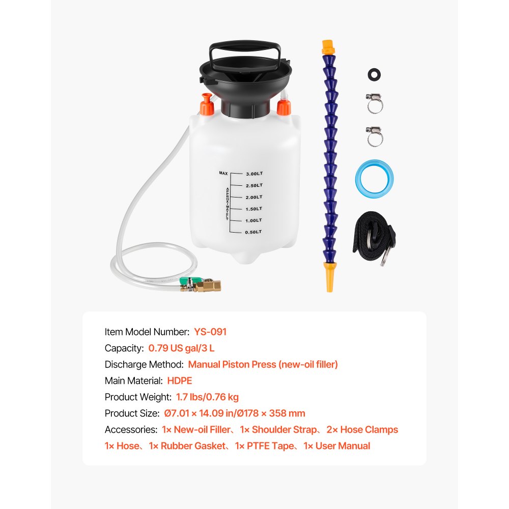 VEVOR Transmission Fluid Pump, 3 L Capacity, Manual Fluid Transfer Pump with 120 cm Long Horse & HDPE Tank, Transmission Oil Pump with PTFE Tape, Manual Automotive Oil Filling System