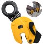 yellow VEVOR lifting clamp with a round handle and inset of clamps in use.