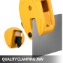 VEVOR lifting clamp holding a textured metal sheet with a detailed insert of clamping jaw.