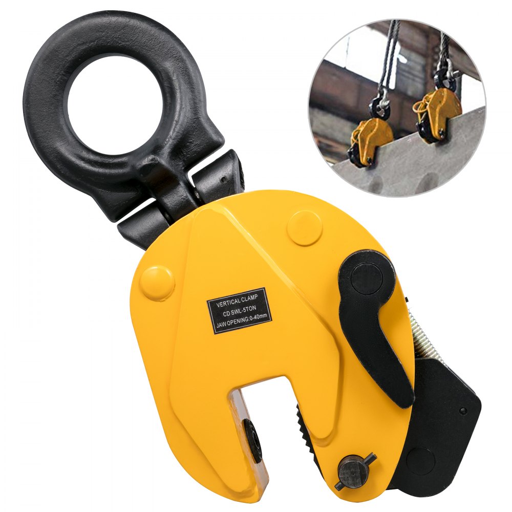 yellow VEVOR lifting clamp with black accents and a round attachment point.