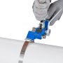 gloved hands using VEVOR banding strapping kit to secure metal strap around a white cylindrical object.