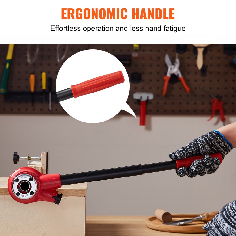 VEVOR pipe threader kit with ergonomic handle for effortless operation and reduced hand fatigue.