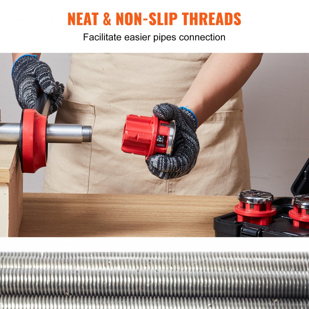 worker using VEVOR pipe threader kit to create neat, non-slip threads on a metal pipe with ease.