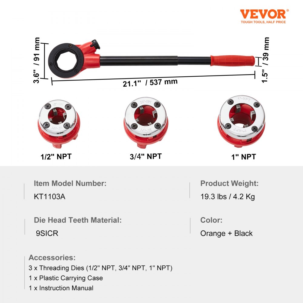VEVOR pipe threader kit with handle and 3 threading dies (1/2&quot;, 3/4&quot;, 1&quot;). durable 9sicr material.
