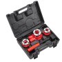 black carrying case with compact VEVOR pipe threader kit, red dies, handle, and accessories.