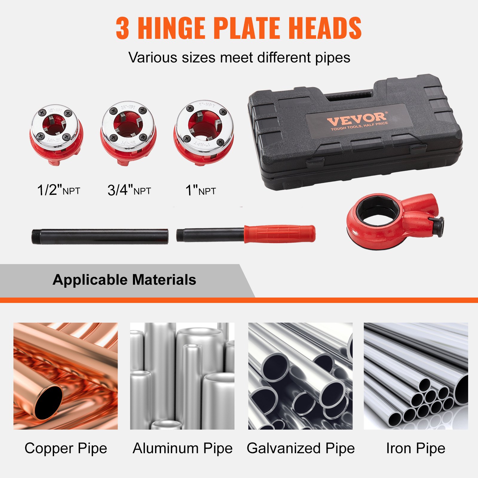 VEVOR pipe threader kit with 3 hinge plate heads, case, handles, and materials for various pipe sizes.