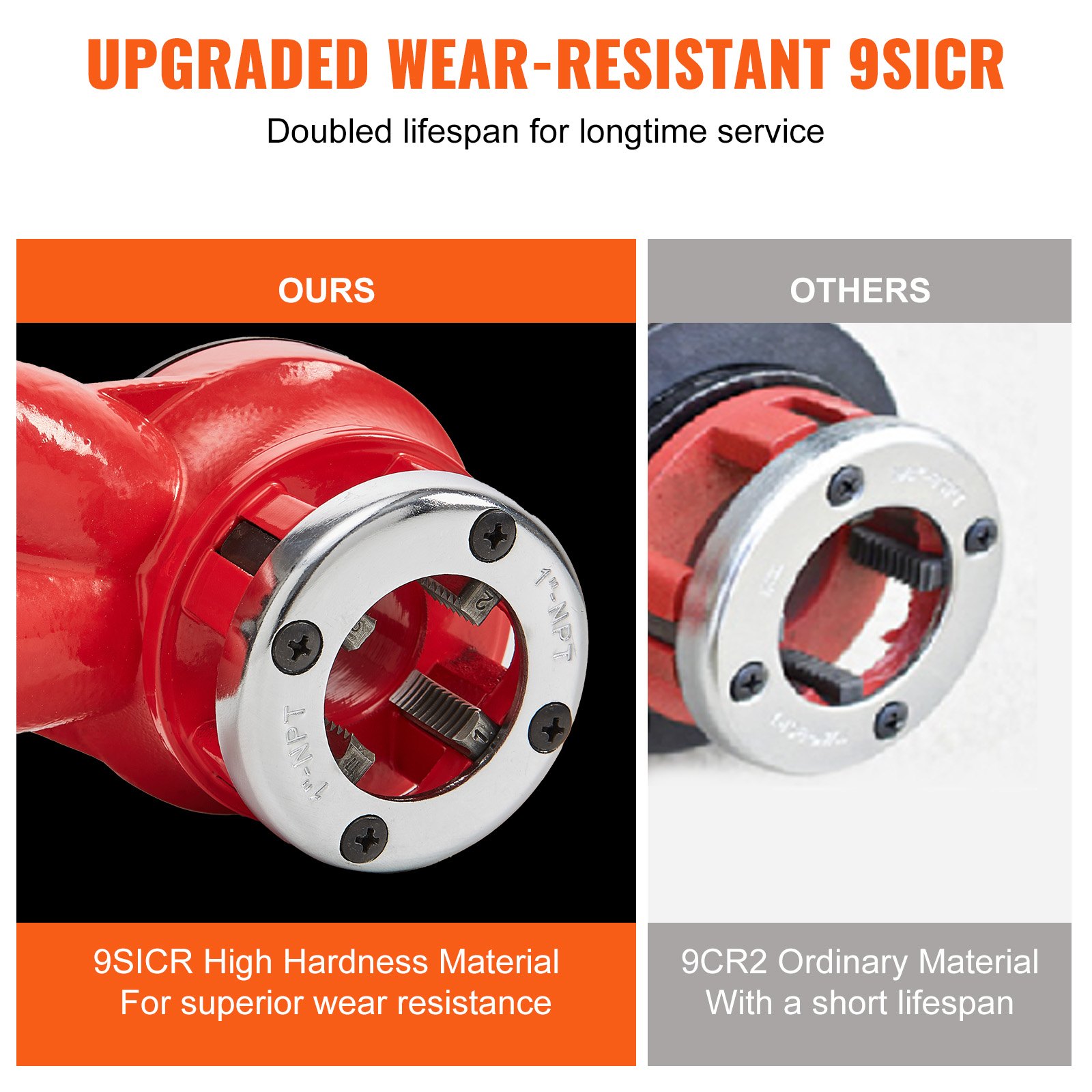 upgraded wear-resistant 9sicr, ensures VEVOR pipe threader kit lasts longer with superior wear resistance.