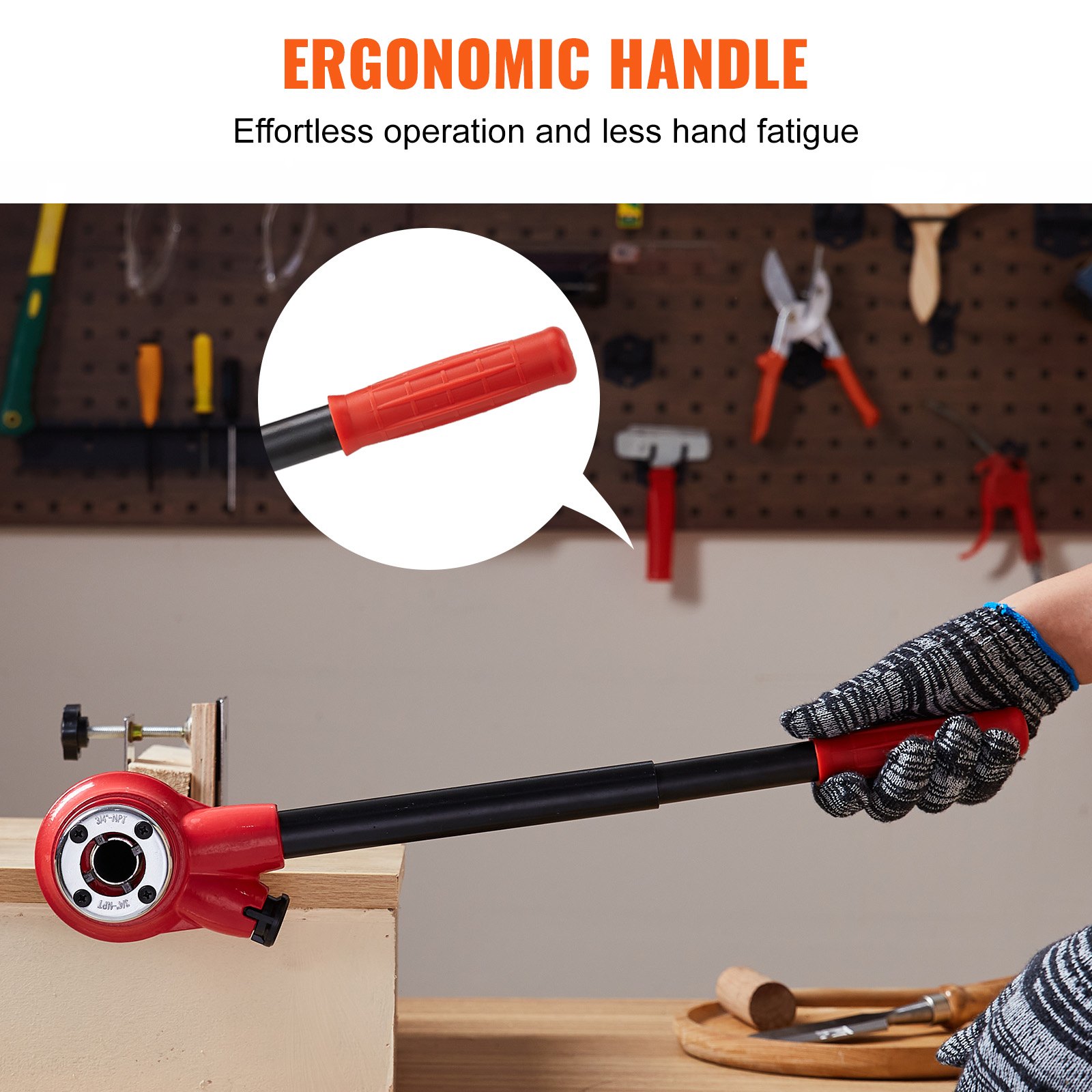 VEVOR pipe threader kit with ergonomic handle for effortless operation and reduced hand fatigue.