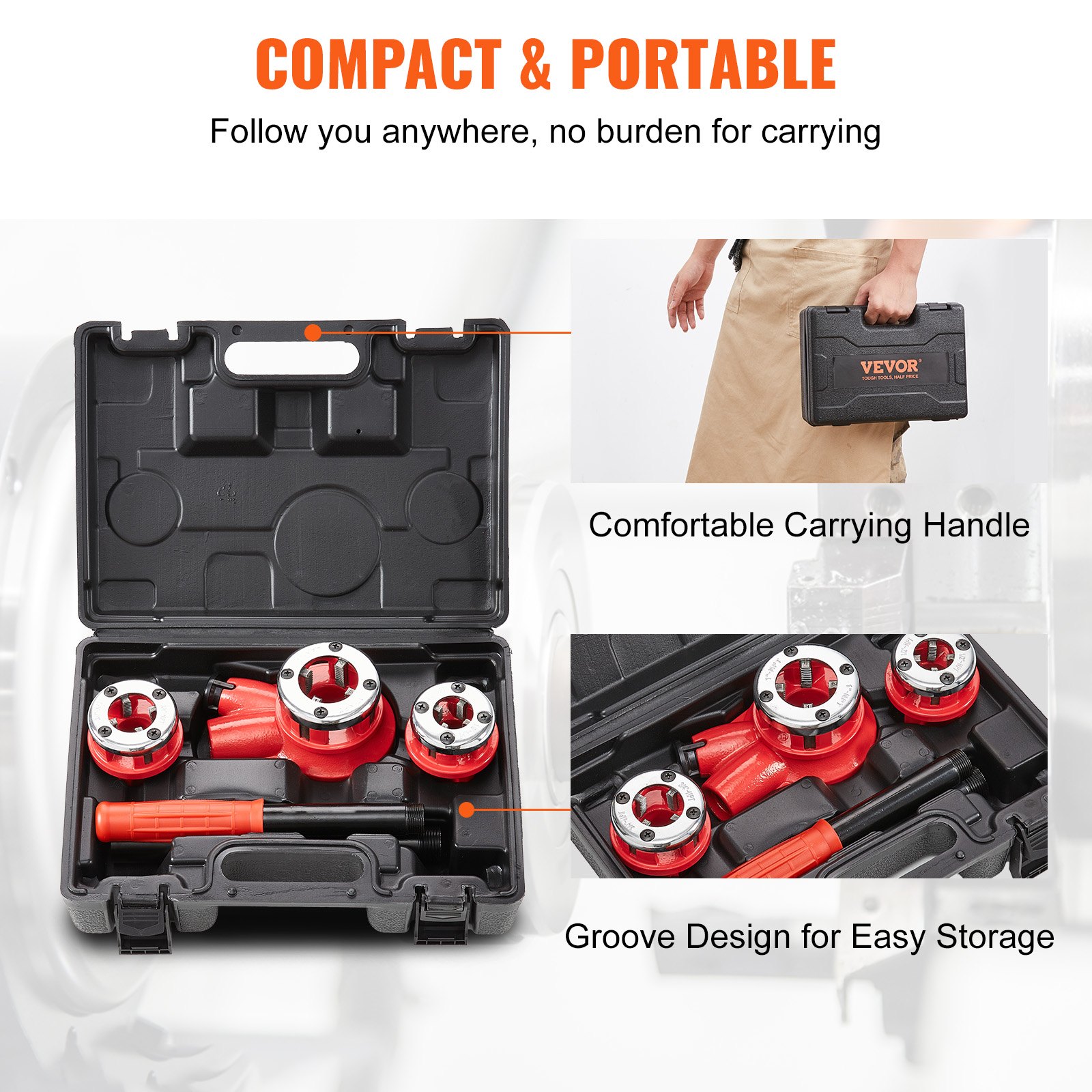 VEVOR pipe threader kit in a black case with a comfortable carrying handle and groove design for storage.