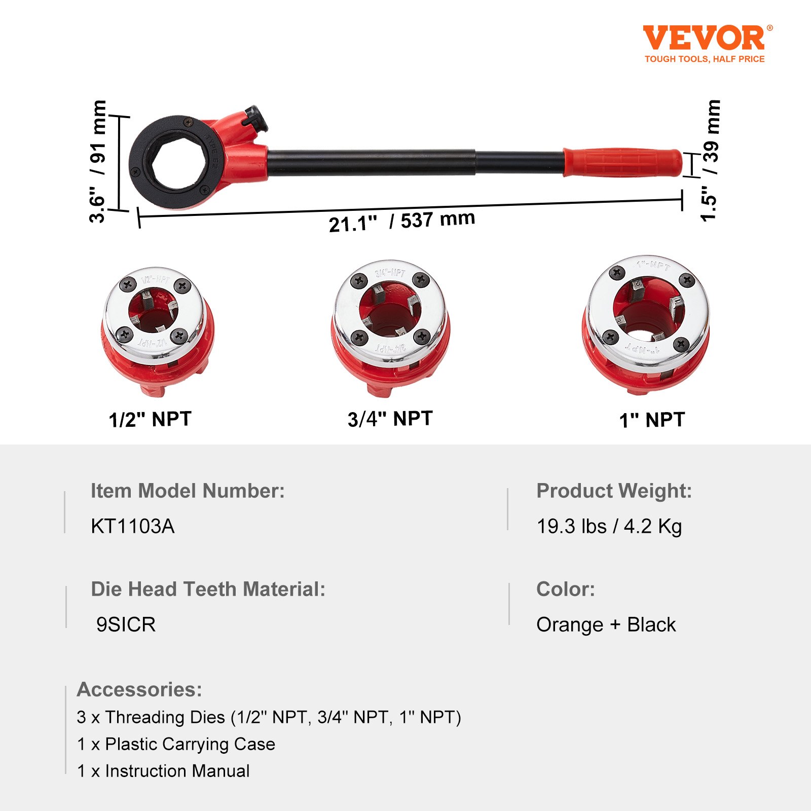 VEVOR pipe threader kit with handle and 3 threading dies (1/2&quot;, 3/4&quot;, 1&quot;). durable 9sicr material.