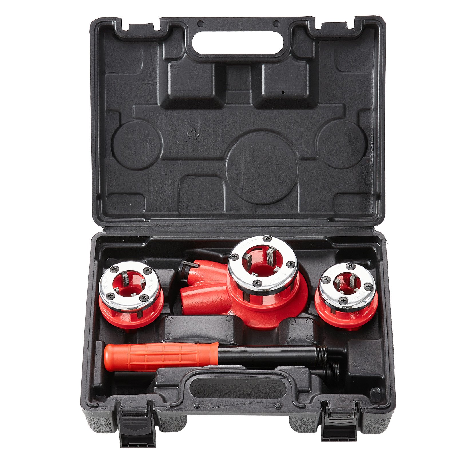 VEVOR pipe threader kit in black case with red threader dies and handle.