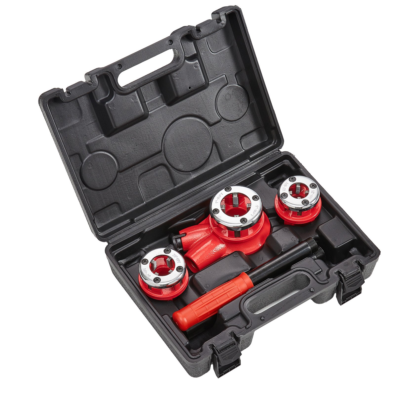 black carrying case with compact VEVOR pipe threader kit, red dies, handle, and accessories.