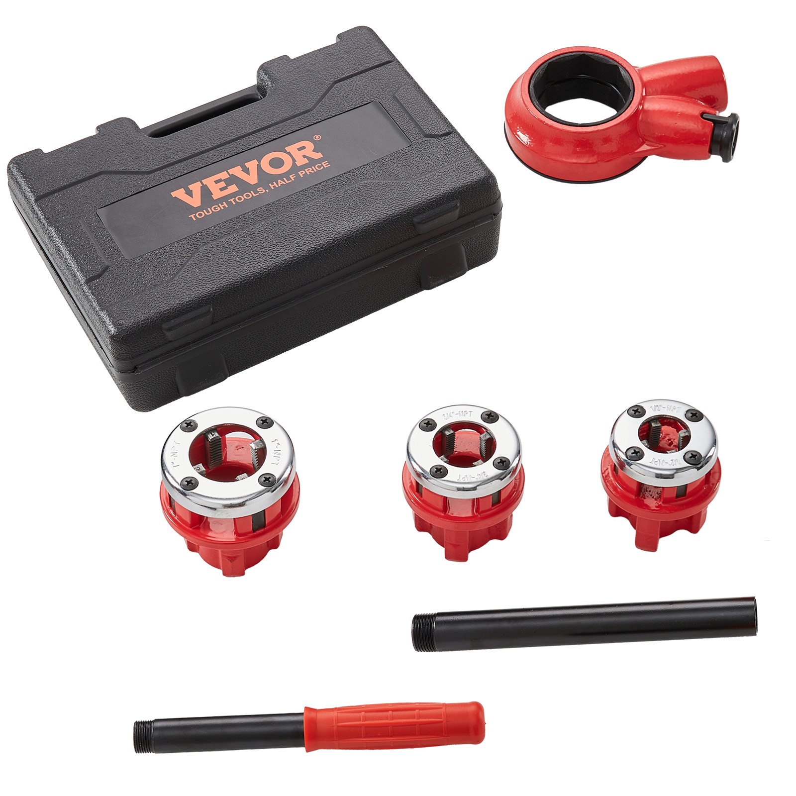 VEVOR pipe threader kit with case, red dies, handle and extension rod displayed separately.