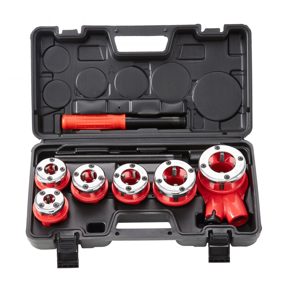 VEVOR pipe threading tool set in a black case with red handle and dies.
