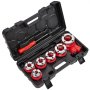 VEVOR ratchet pipe threader kit in a black carrying case with various die heads and threading tools.