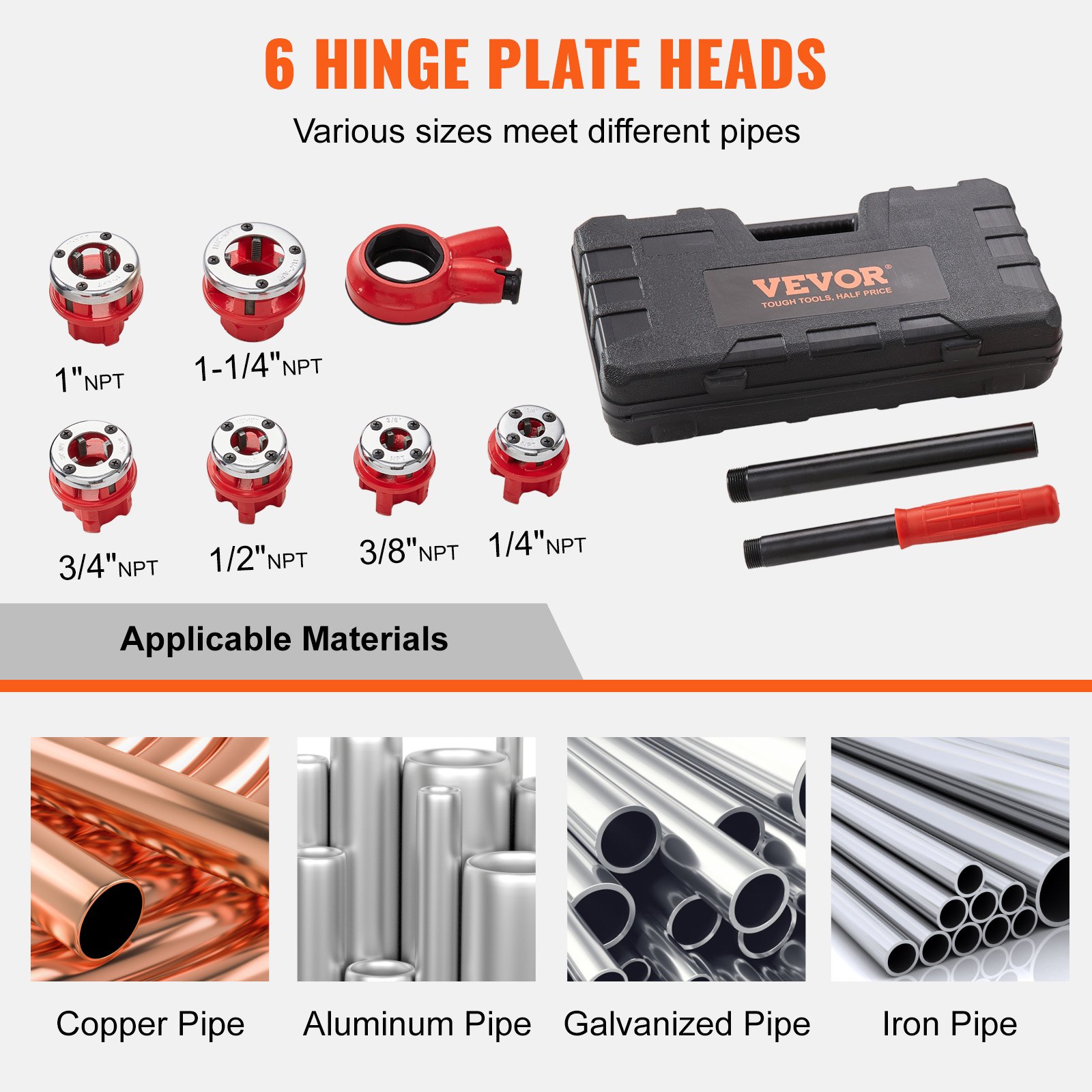 VEVOR ratchet pipe threader kit with 6 npt die heads, handle, and carrying case for various pipe sizes.