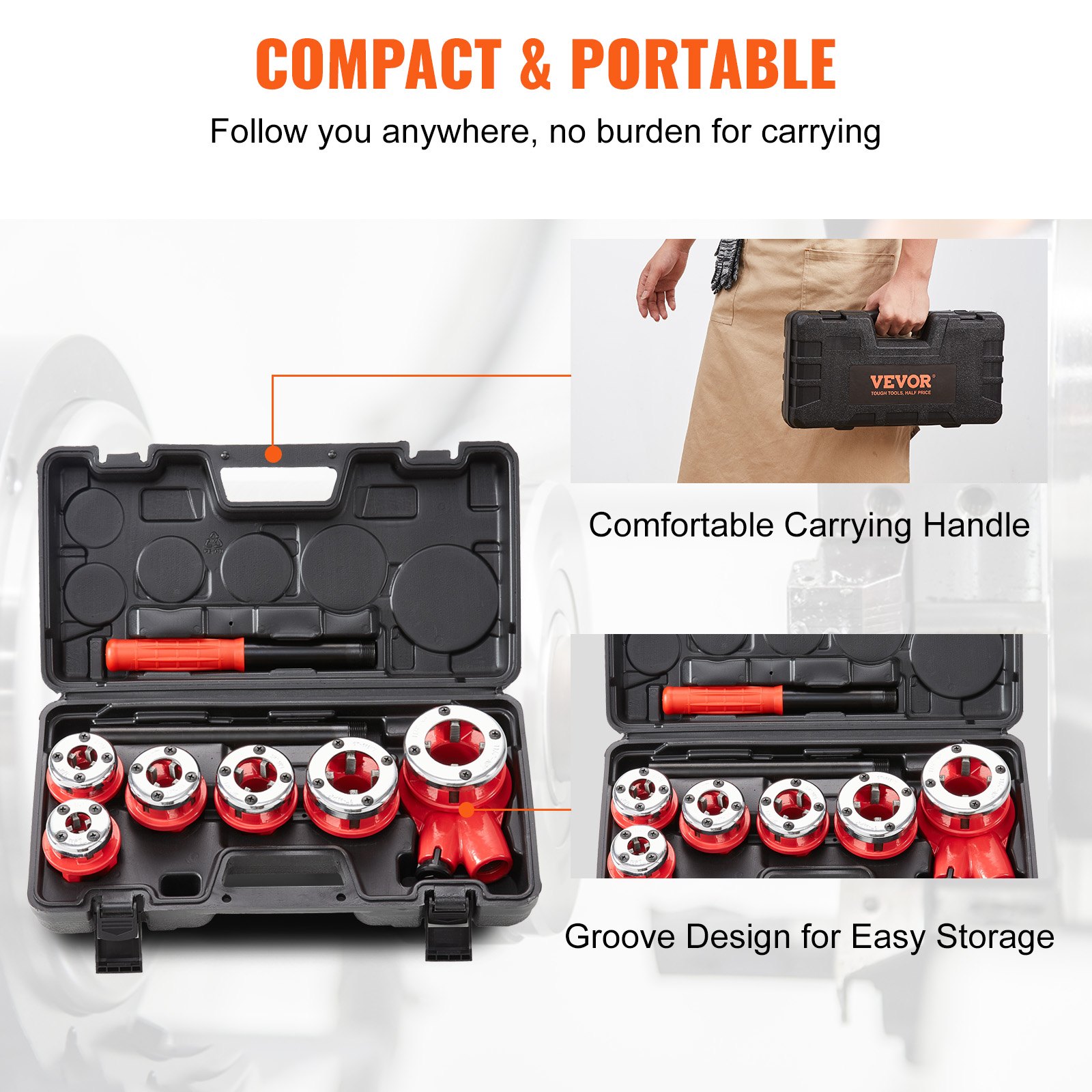 VEVOR ratchet pipe threader kit in black case, featuring comfortable carrying handle and groove design.