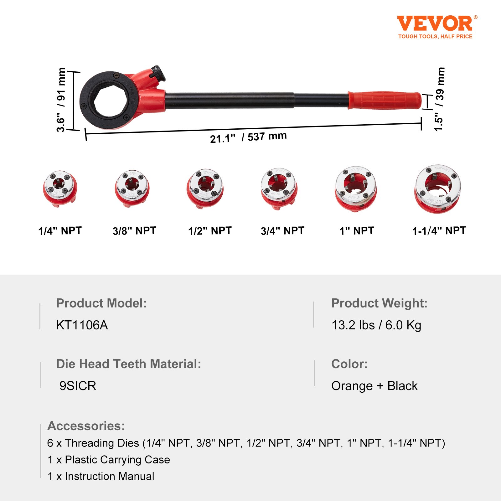 VEVOR ratchet pipe threader kit with 6 threading dies, handle, and carrying case, model kt1106a.