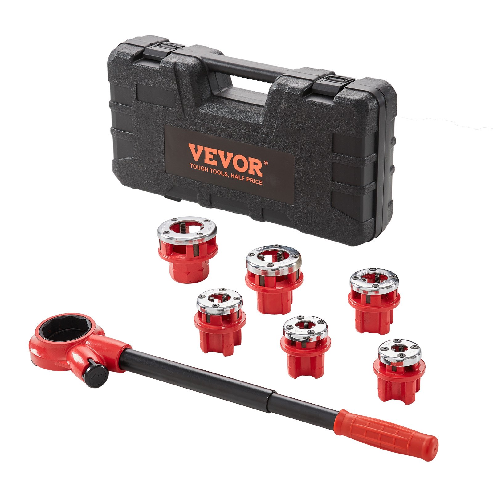 VEVOR ratchet pipe threader kit with carrying case, ratchet handle, and five threading dies.