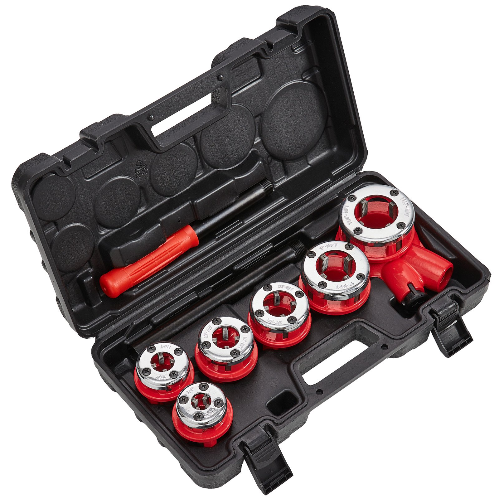 VEVOR ratchet pipe threader kit in a black carrying case with various die heads and threading tools.