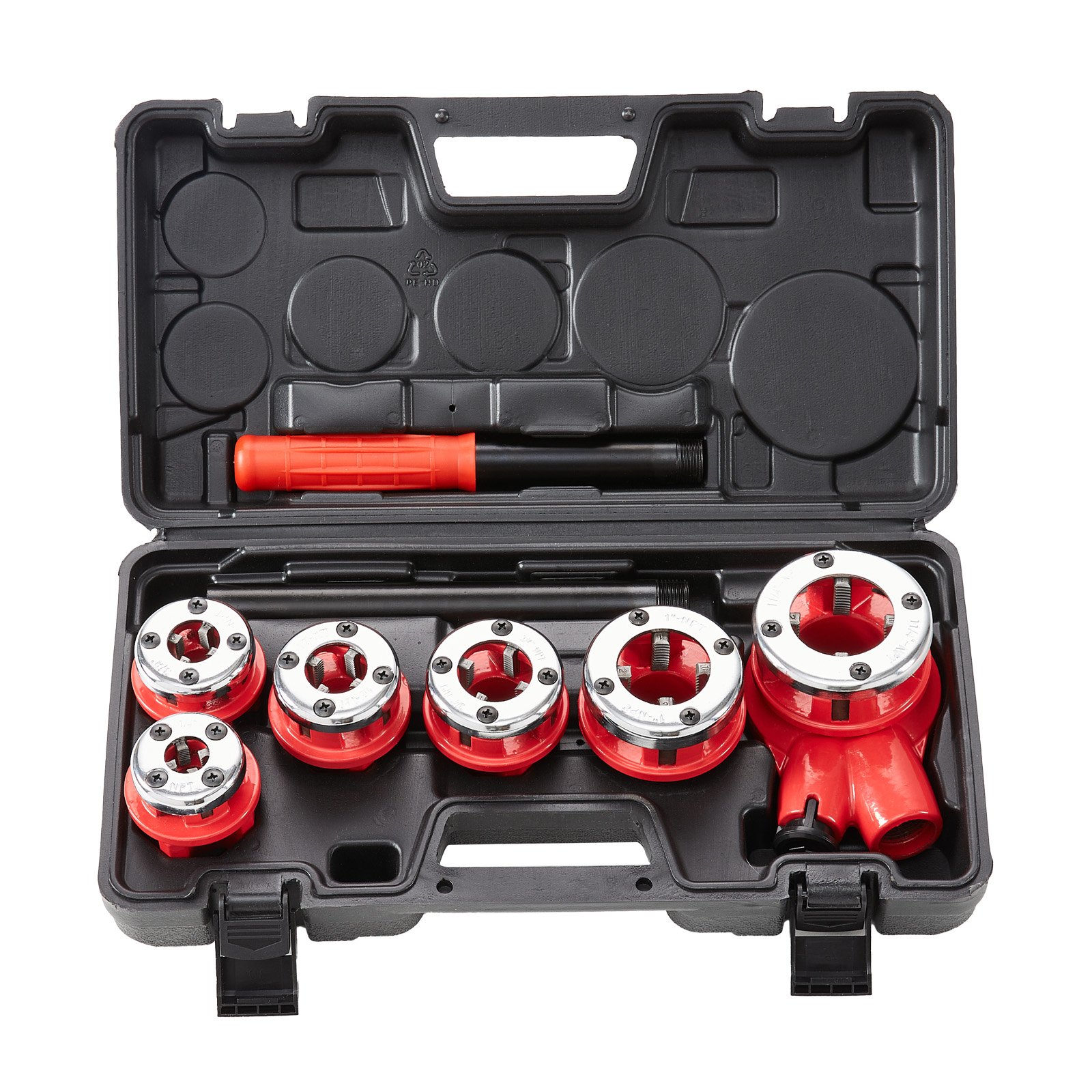 VEVOR pipe threading tool set in a black case with red handle and dies.