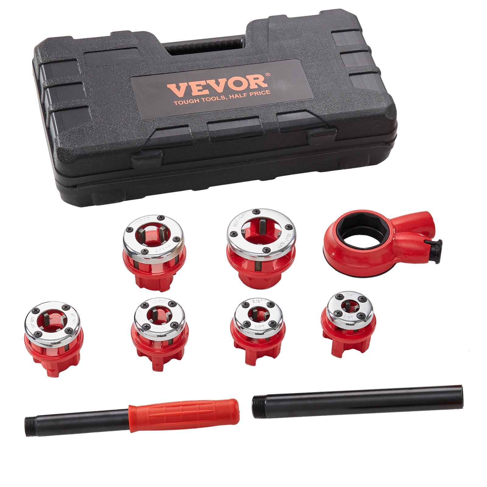 VEVOR ratchet pipe threader kit with carrying case and interchangeable threader heads.