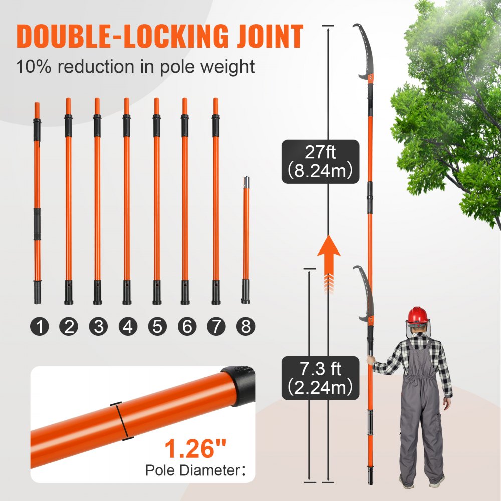 VEVOR manual pole saw, double-locking joint, 1.26&quot; diameter, extends to 27ft, lightweight design.