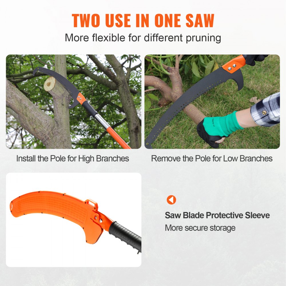 VEVOR manual pole saw for pruning high and low branches with protective sleeve for safe storage.