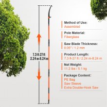 VEVOR Manual Pole Saw, 2.24 m-8.24 m Extendable Tree Pruner, Sharp Steel Blade High Branches Trimming, Manual Branch Trimmer with Lightweight 8 Fiberglass Handles, for Pruning Palms and Shrubs