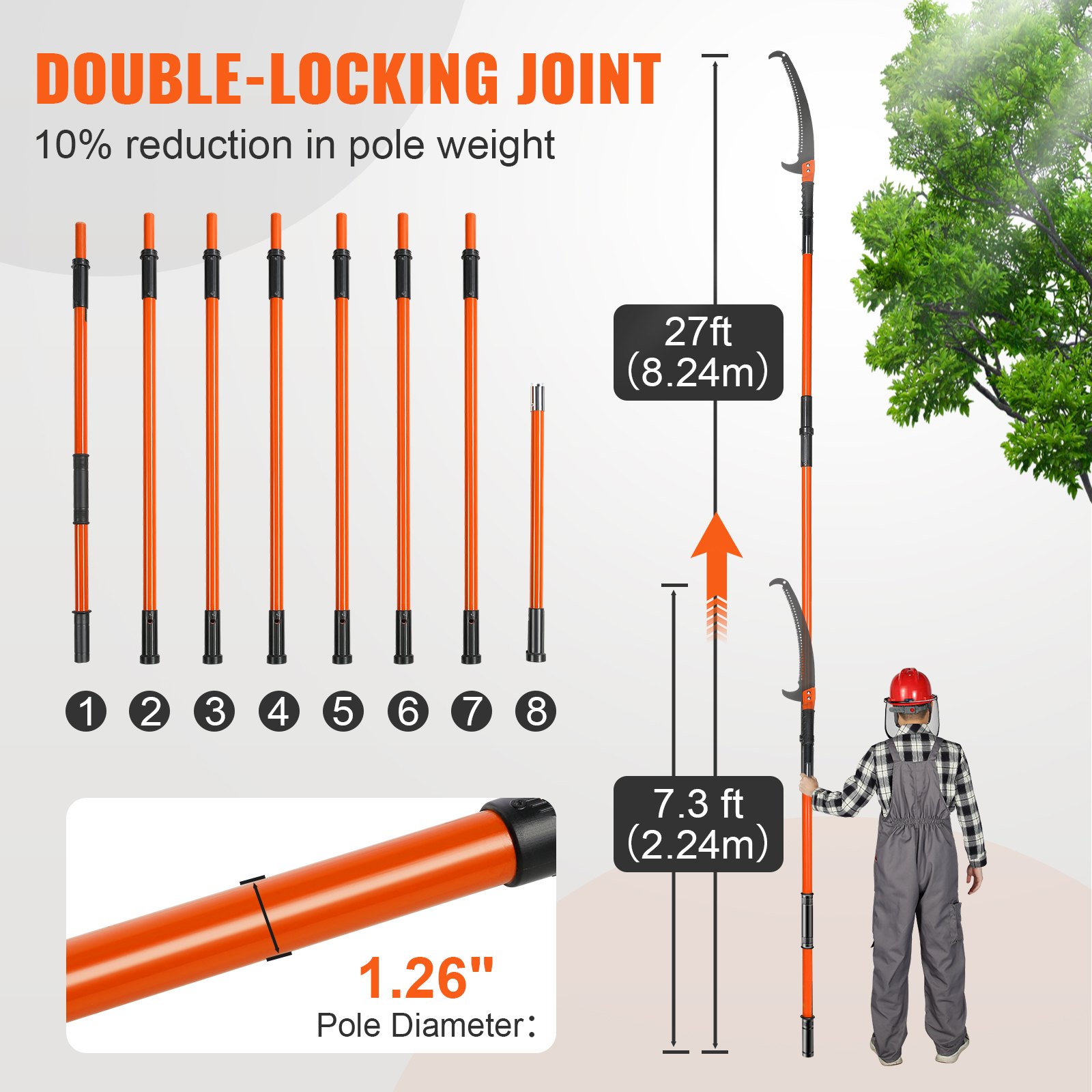 VEVOR manual pole saw, double-locking joint, 1.26&quot; diameter, extends to 27ft, lightweight design.