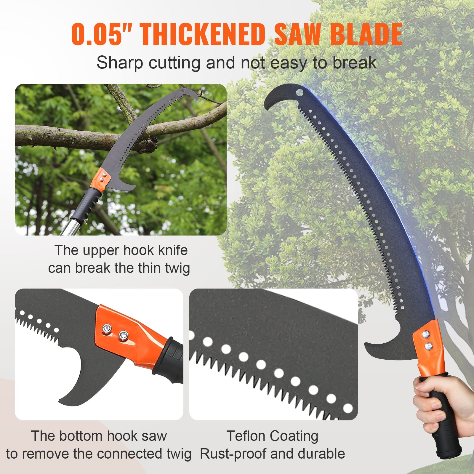 VEVOR manual pole saw with 0.05&quot; thickened blade, teflon coating, and upper/bottom hook features.