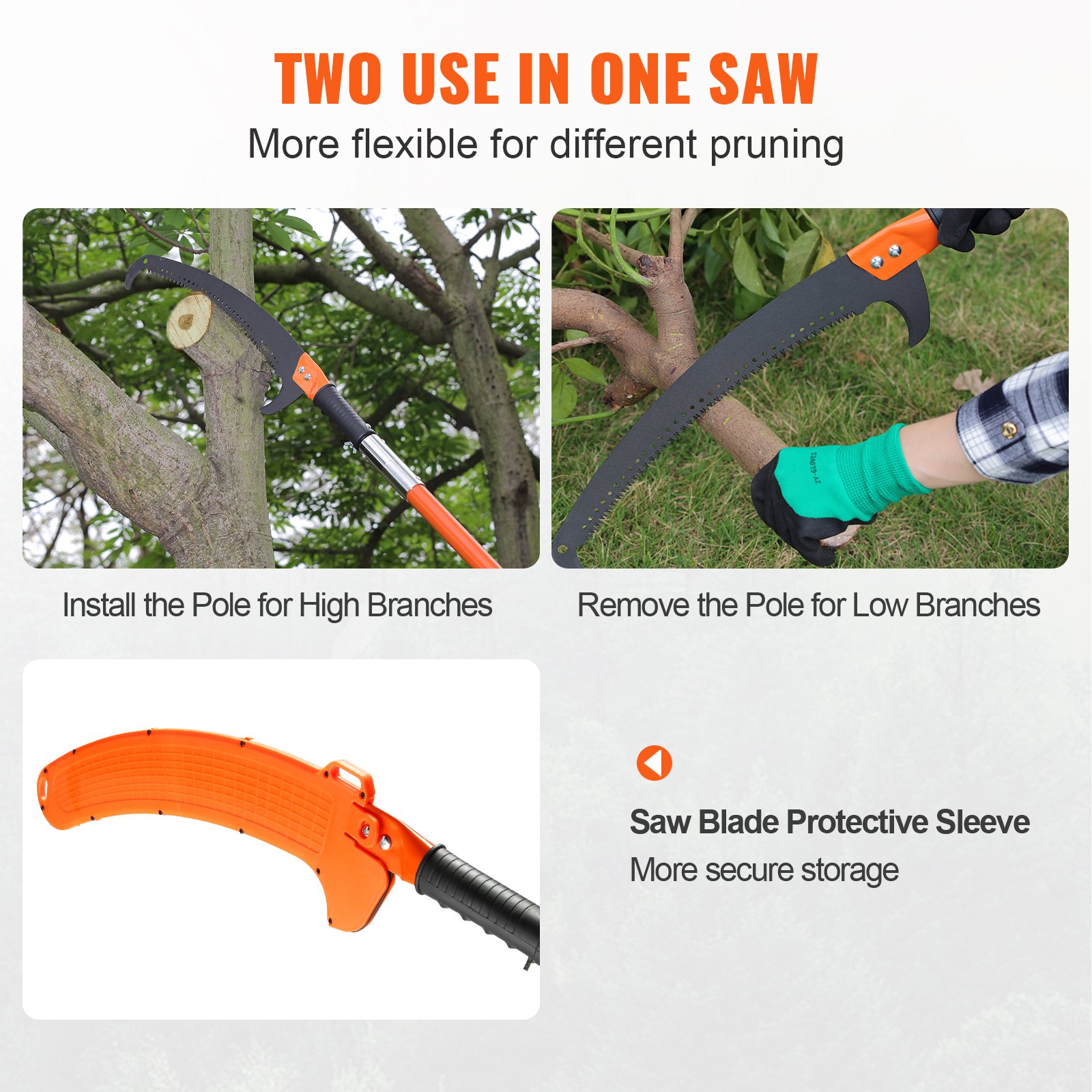 VEVOR manual pole saw for pruning high and low branches with protective sleeve for safe storage.