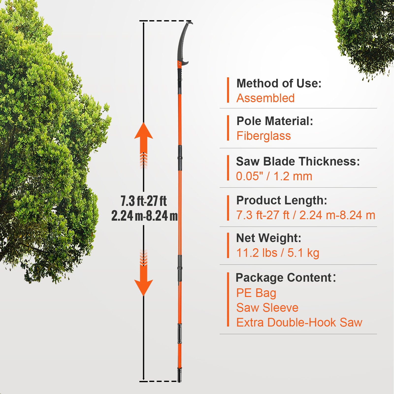 VEVOR manual pole saw, 7.3-27 ft adjustable, fiberglass pole, 0.05&quot; blade, 11.2 lbs weight.