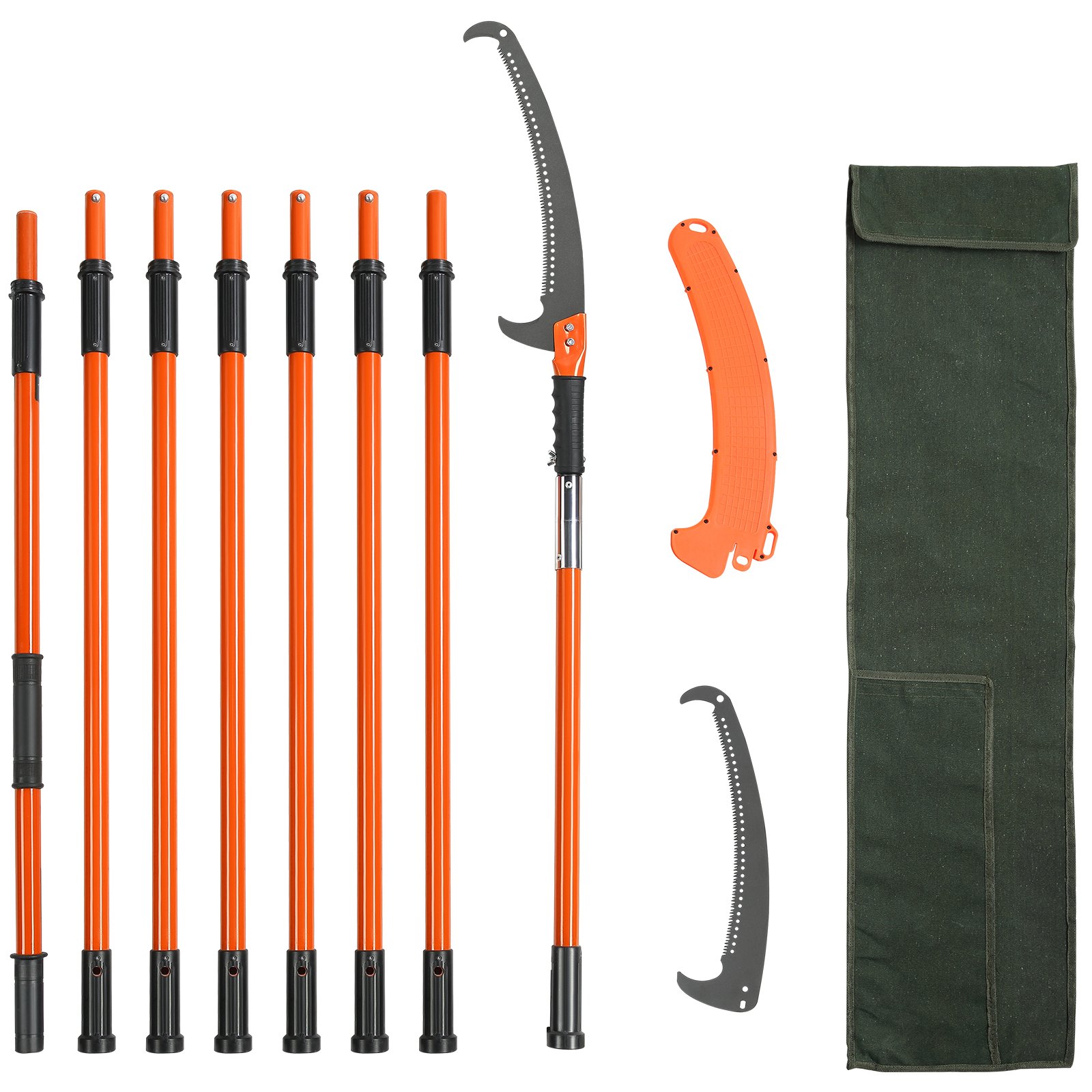 VEVOR manual pole saw with orange telescopic poles, saw blade, blade covers, and green storage bag.