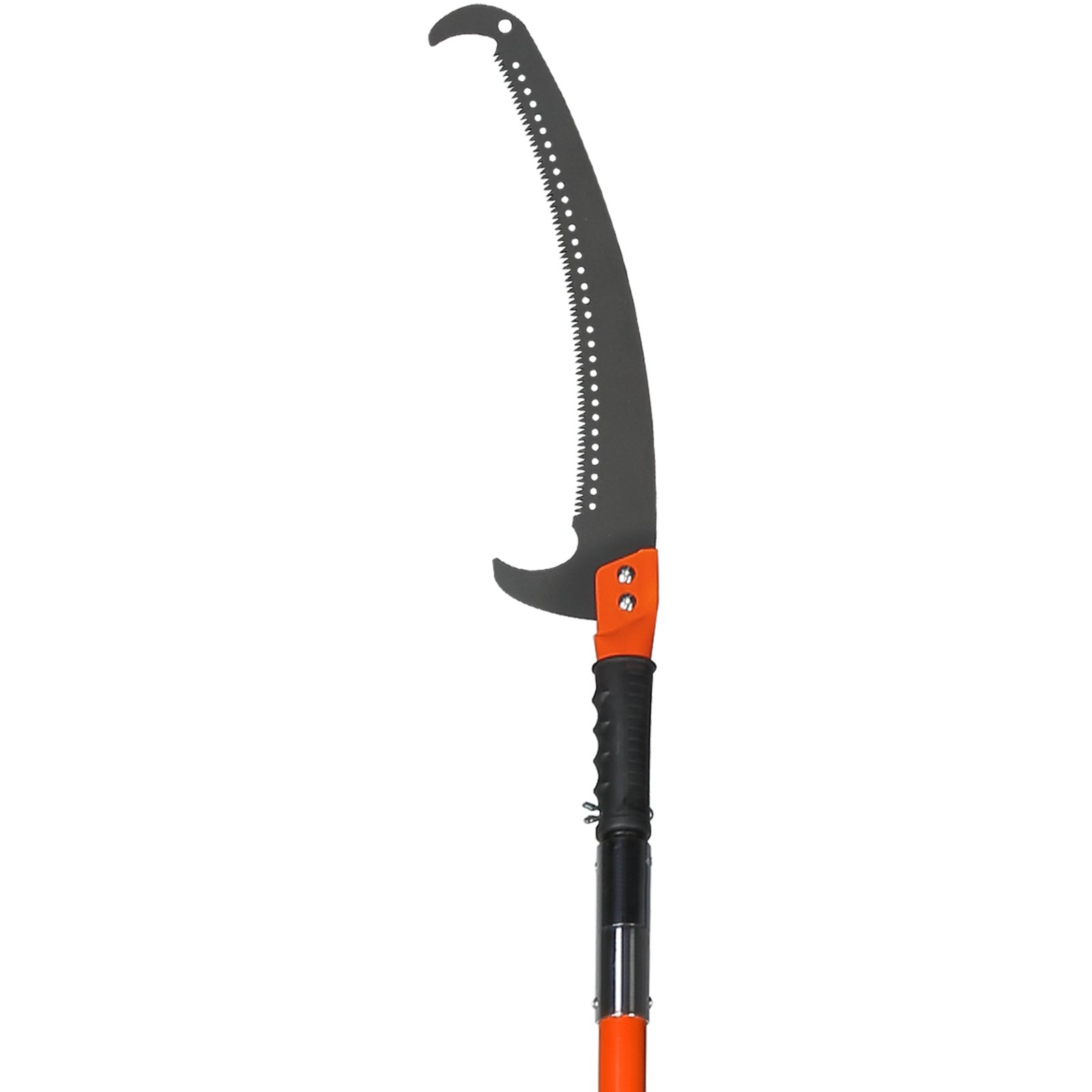pole saw with orange and black handle and curved serrated blade, VEVOR manual pole saw.