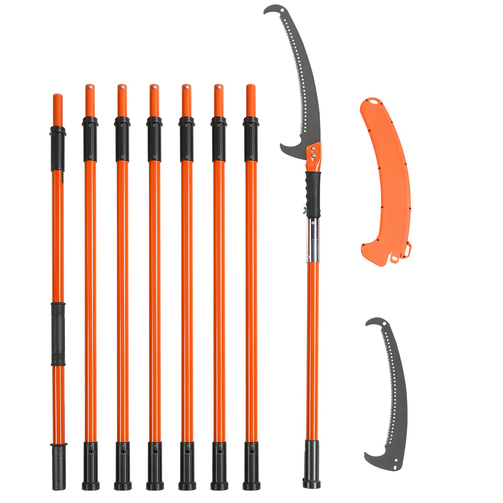 VEVOR manual pole saw with telescopic orange handles and replaceable blades assembly.