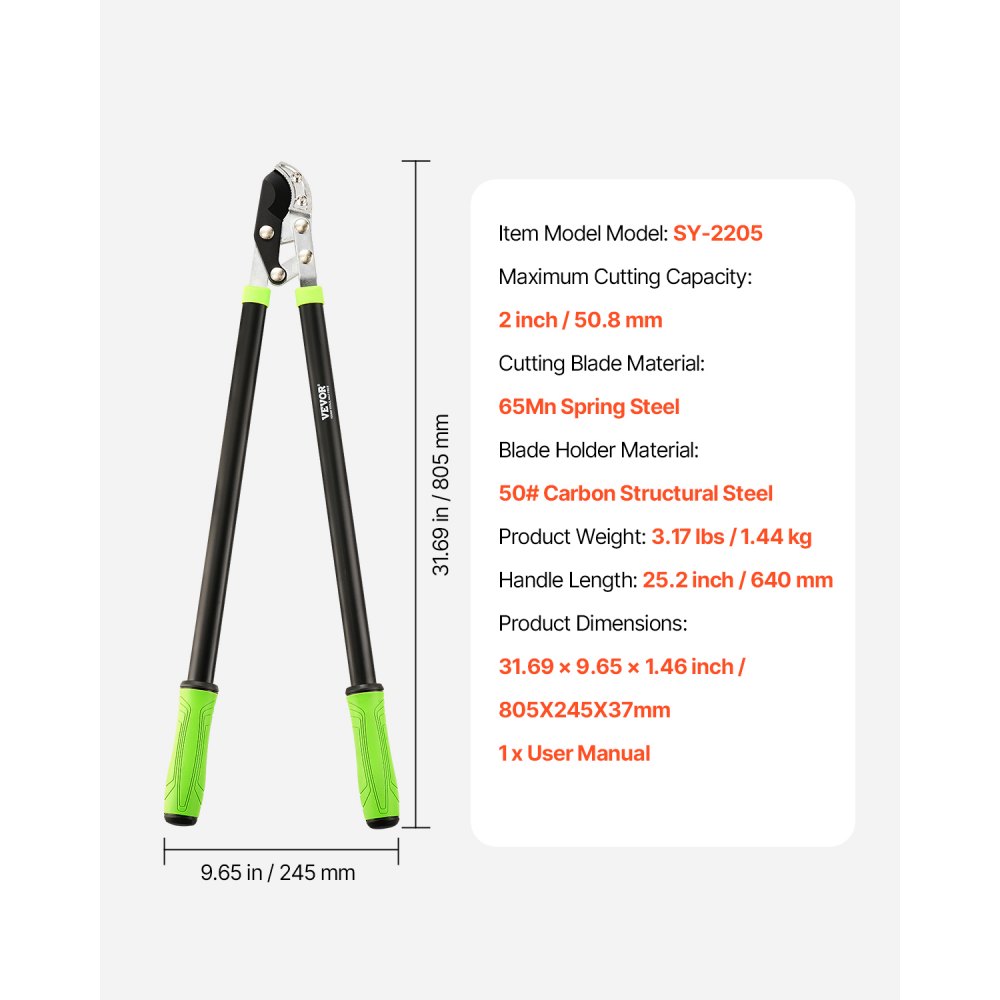 VEVOR Loppers for Tree Trimming, 32 inch Garden Anvil Trimmer with Compound Action, Sharp Steel Blade, Heavy Duty Tree Branch Cutter Up to 2 inch Dia Cut Capacity, Ergonomically Designed Handles