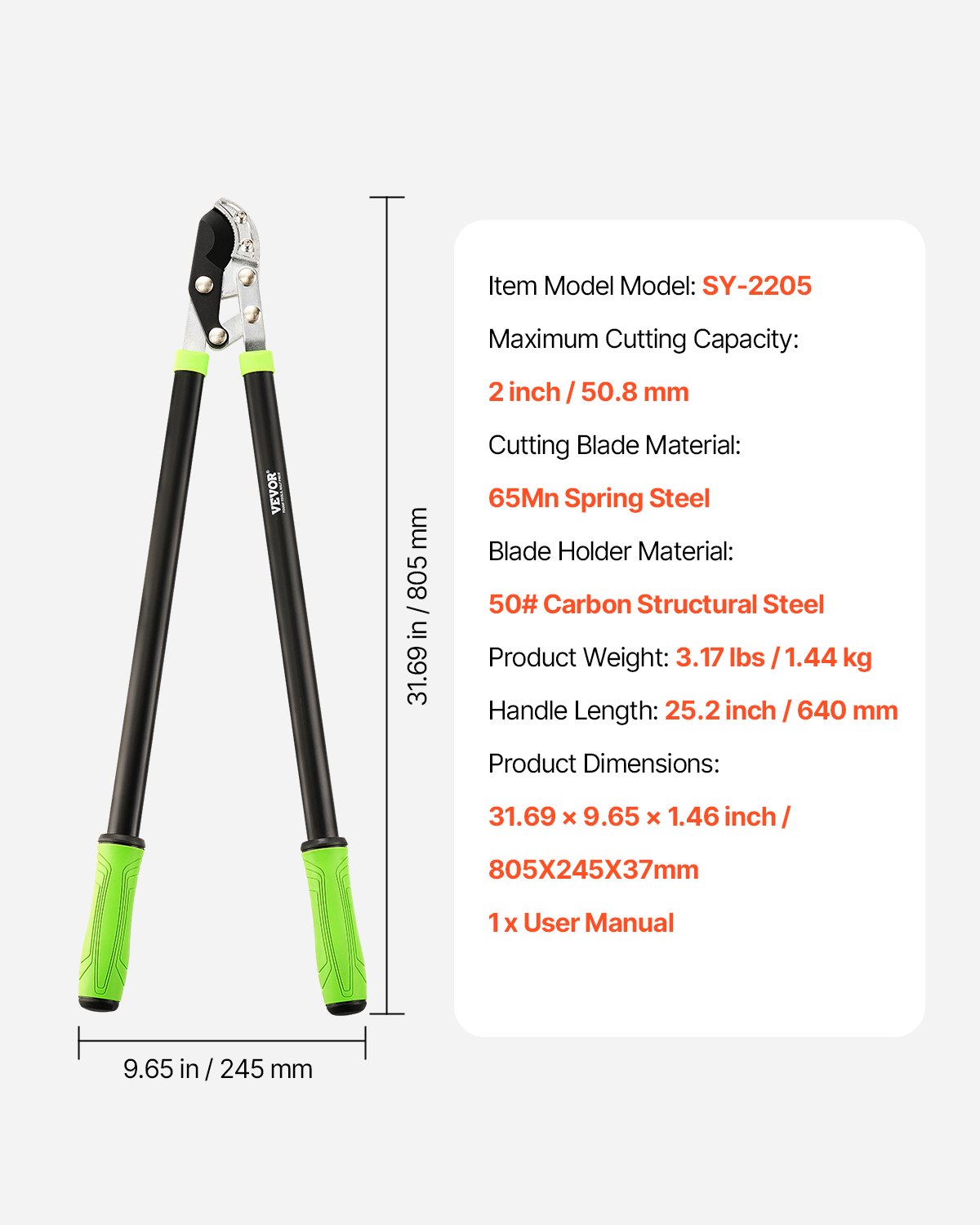 VEVOR Loppers for Tree Trimming, 32 inch Garden Anvil Trimmer with Compound Action, Sharp Steel Blade, Heavy Duty Tree Branch Cutter Up to 2 inch Dia Cut Capacity, Ergonomically Designed Handles
