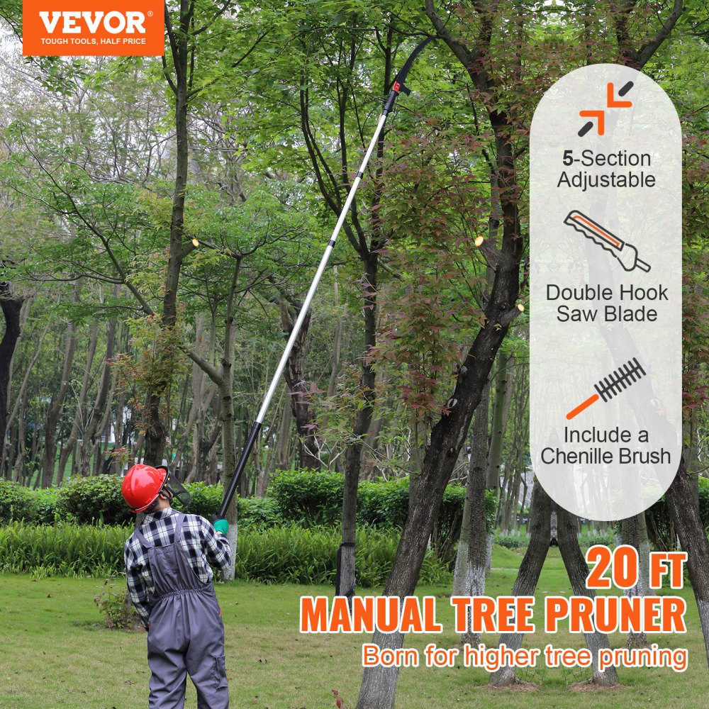 person using 20 ft VEVOR manual pole saw in park, pruning tree branches with adjustable sections.