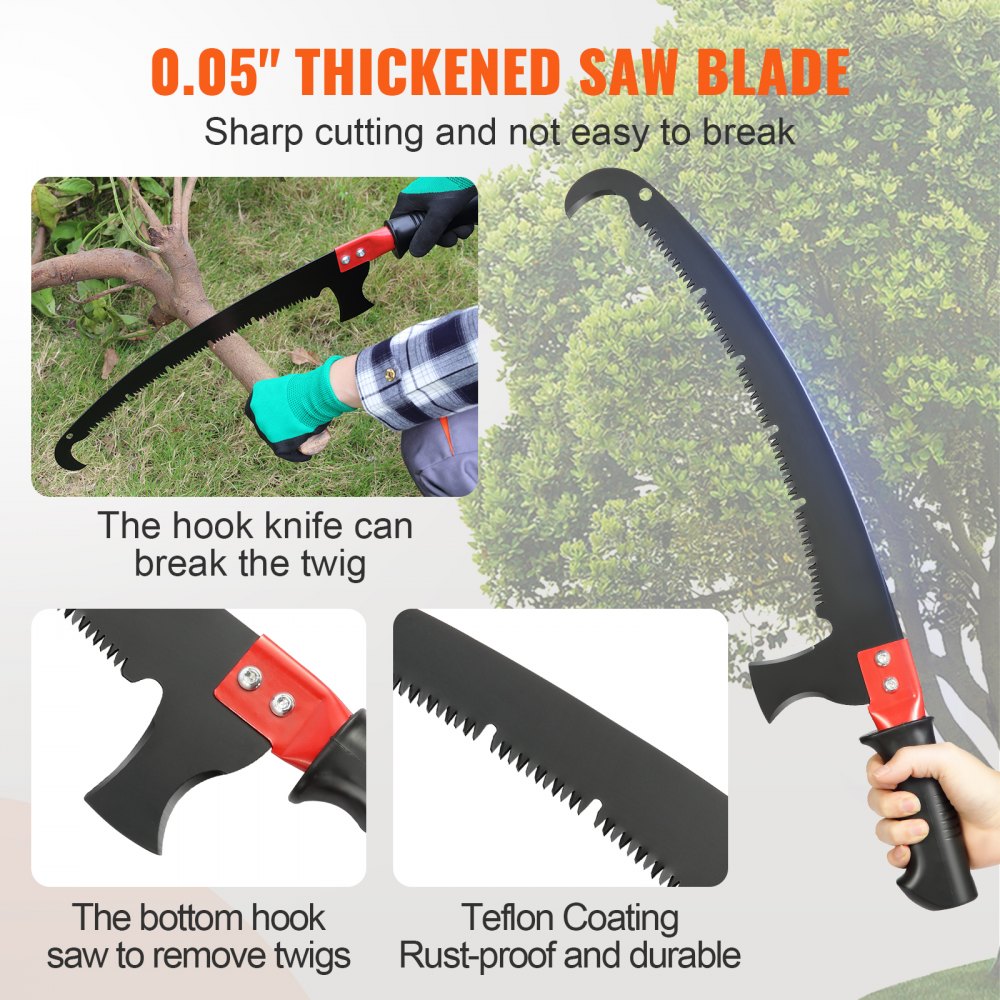 VEVOR manual pole saw with 0.05&quot; thickened blade for sharp cutting, hook knife for breaking twigs.