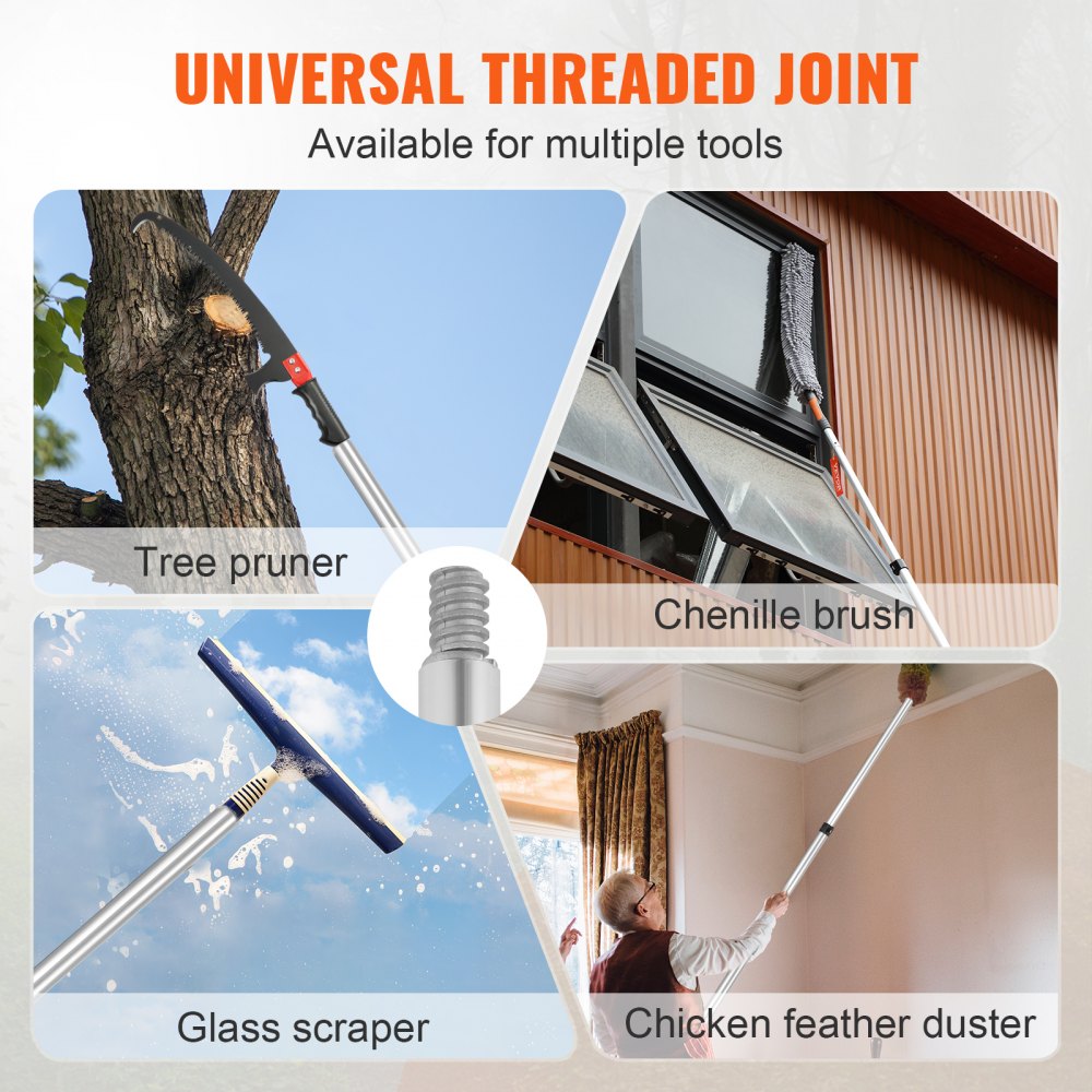 universal threaded joint for various tools: tree pruner, chenille brush, glass scraper, chicken feather duster.
