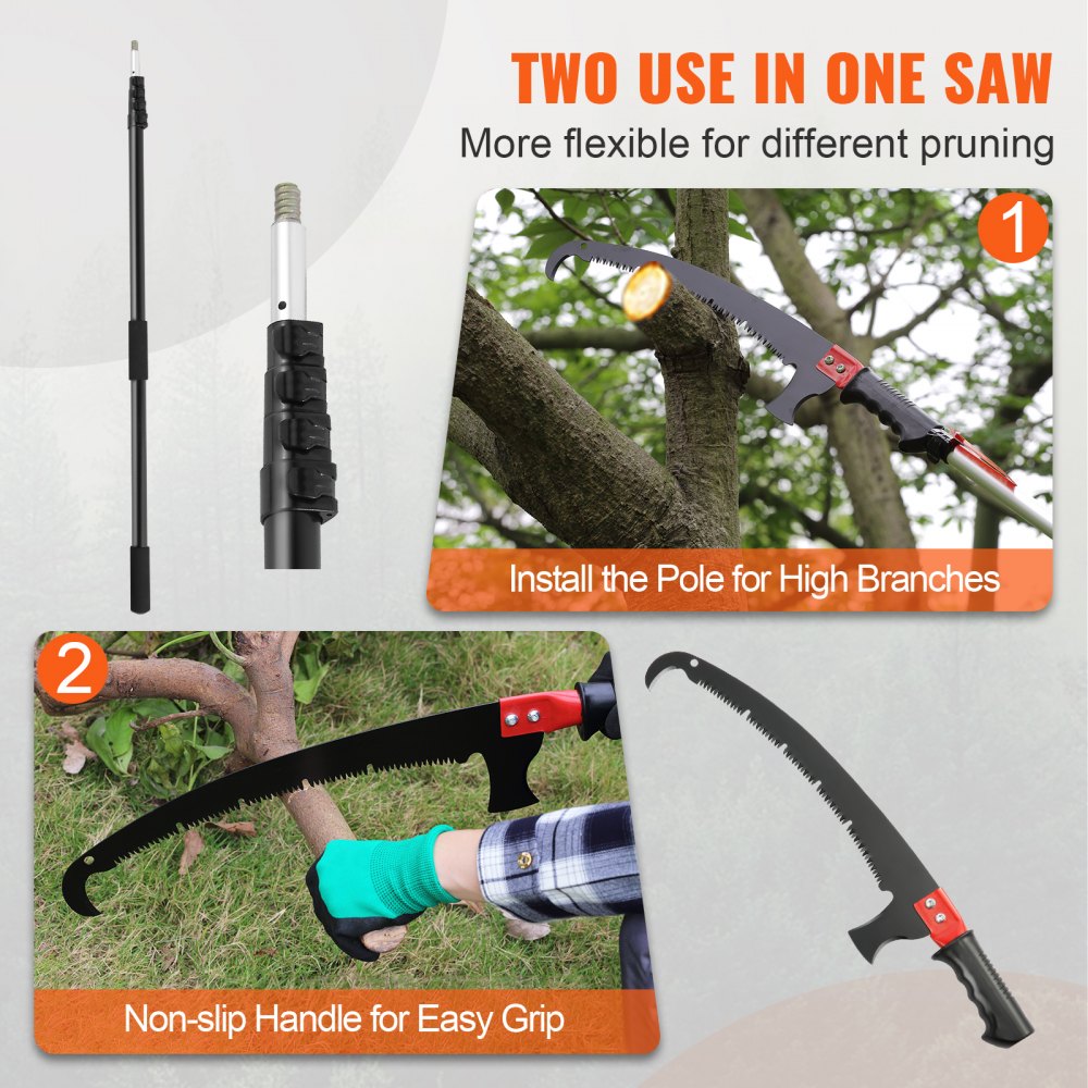 VEVOR manual pole saw: two-in-one design for high branches and easy grip non-slip handle pruning.